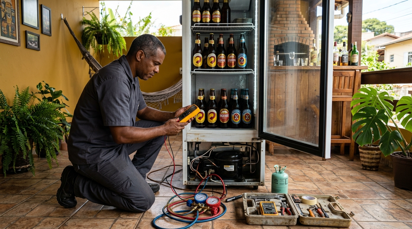 Placa eletrônica de cervejeira em reparo na bancada em Belo Horizonte‑MG
