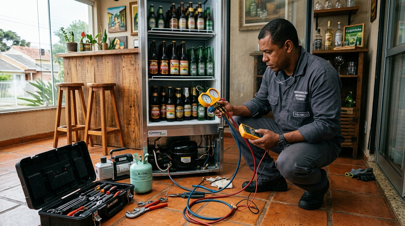Técnico revisando o motor de uma cervejeira durante chamado em Belo Horizonte‑MG