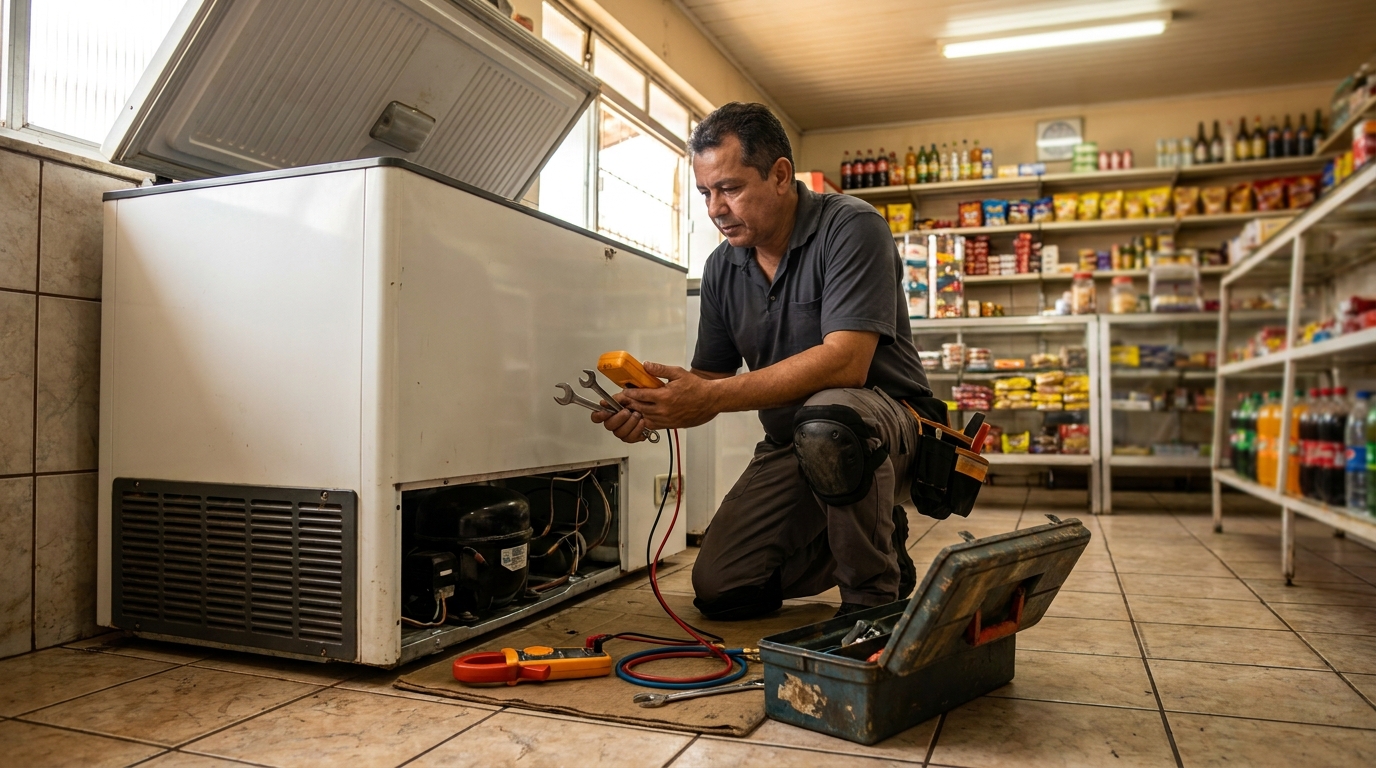 Técnico reparando o motor de um freezer horizontal em Belo Horizonte‑MG