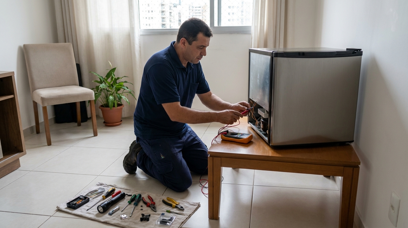 Técnico revisando o motor de um frigobar em Belo Horizonte‑MG