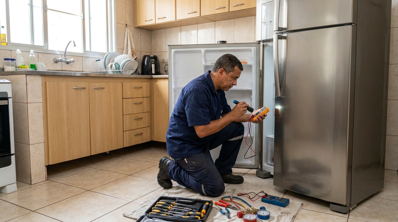 Técnico fazendo recarga de gás em geladeira de cliente em Belo Horizonte‑MG